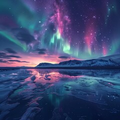 arctic nature's light show, the aurora borealis, above icy winter landscape - obrazy, fototapety, plakaty