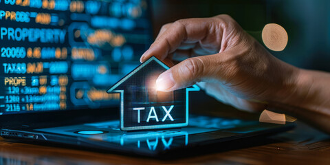 Financial burden of property taxes, symbolized by person holding transparent screen or card with words PROPERTY TAX displayed prominently, emphasizing inescapable reality of obligation for homeowners - obrazy, fototapety, plakaty