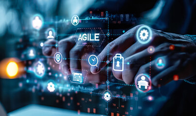 Agile project management methodology concept, person selecting icons representing key principles of adaptive planning, evolutionary development, early delivery, continuous improvement and flexibility - obrazy, fototapety, plakaty