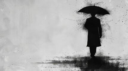lone shadow with umbrella amidst the abstract reflections of a rainy city - obrazy, fototapety, plakaty