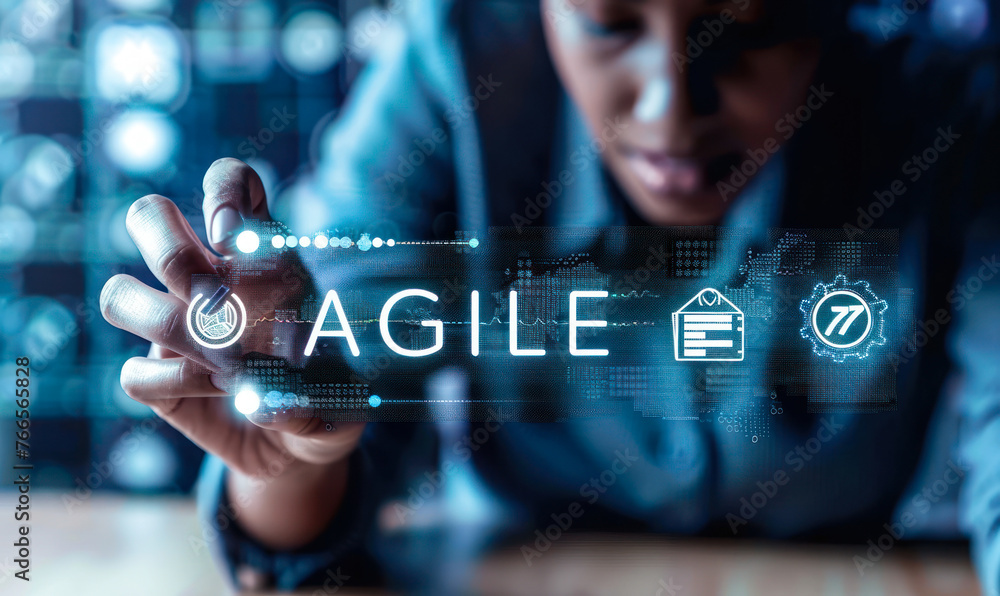 Poster businessperson utilizing agile methodology framework with virtual interface icons for project manage