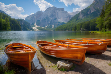 Group of Wooden Boats on Lake - obrazy, fototapety, plakaty
