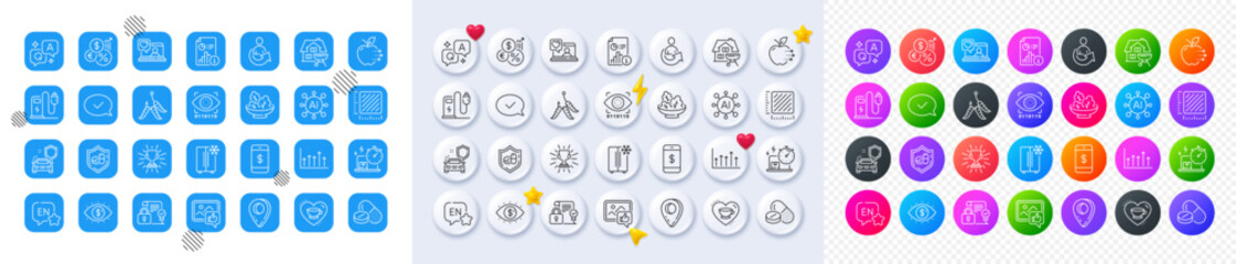 Charging station, Inflation and Smartphone payment line icons. Square, Gradient, Pin 3d buttons. AI, QA and map pin icons. Pack of Share, Food delivery, Growth chart icon. Vector