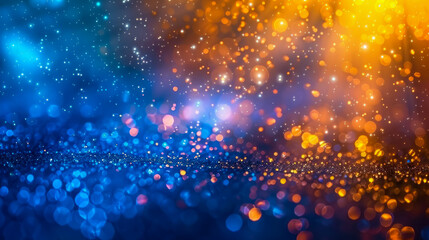 Asymmetric blue light, abstract beautiful light rays on dark blue blurry background with shades of blue and yellow. Golden-blue sparkling backdrop with bokeh and space for text. Copy space.