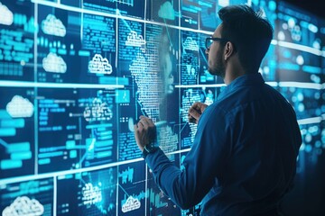 An image showing an IT consultant presenting a tag cloud about information technology. This visual concept highlights the use of tag clouds in IT consulting for data representation.