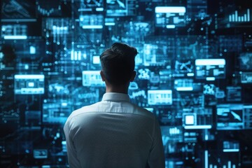 An image showing an IT consultant presenting a tag cloud about information technology. This visual concept highlights the use of tag clouds in IT consulting for data representation.