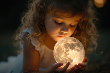 Naklejka premium A young child is captivated by the gentle glow of a moon lamp