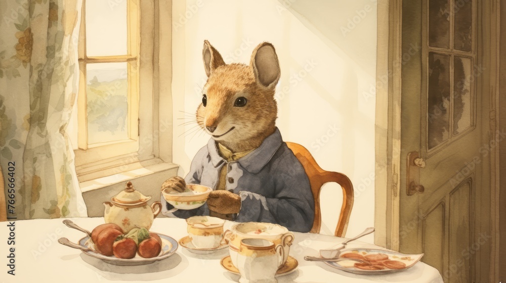 Wall mural A mouse is sitting at a table with a cup of tea and a plate of food. The scene is set in a cozy, homey atmosphere - Wall murals