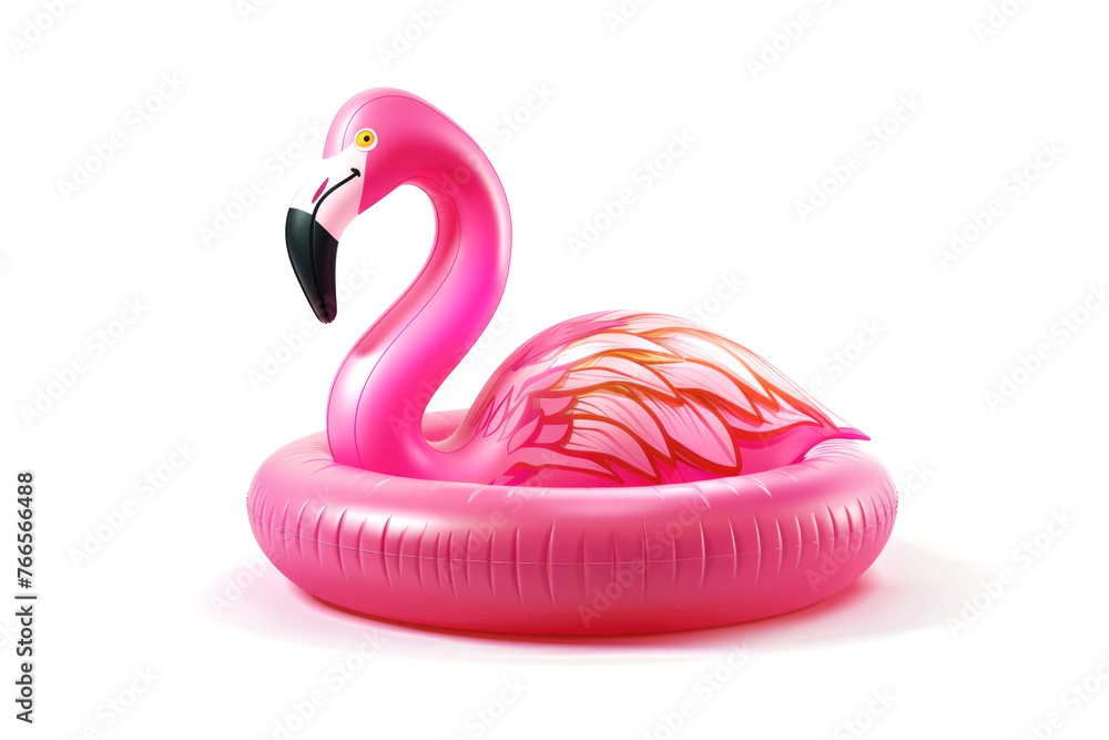 Poster a pink flamingo float is sitting on a white background. the flamingo is the main focus of the image,