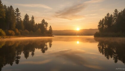 Fototapeta na wymiar Serene Golden Sunrise Over A Calm Lake Sunrise