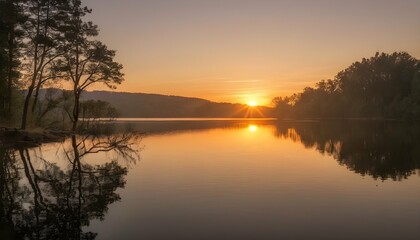 Fototapeta na wymiar Serene Golden Sunrise Over A Calm Lake Sunrise Upscaled 2