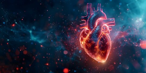 Holographic image displaying heart disease facts prevention tips and the importance of seeking medical help promptly. Concept Heart Disease Awareness, Preventive Measures, Medical Help Importance - obrazy, fototapety, plakaty