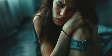 A woman is crying on a bed. She has a bandage on her arm. Scene is sad and emotional
