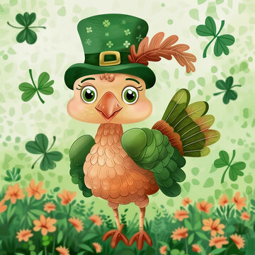 Cute cartoon turkey in leprechaun hat on a background of clover leaves and flowers