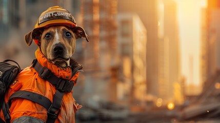 This image showcases a dog embodying vigilance and safety, equipped with a safety jacket and helmet, against the backdrop of a construction site that fades into a blur, emphasizing the subject. - obrazy, fototapety, plakaty