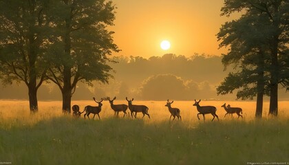 Obraz na płótnie Canvas Serene Peaceful Meadow With A Herd Of Deer Grazin Upscaled 4