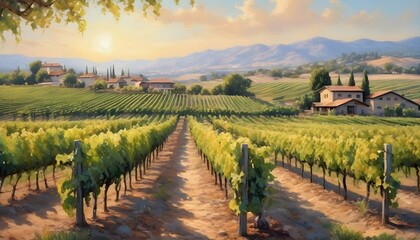 Fototapeta na wymiar Serene Sun Drenched Vineyard With Rows Of Grapevi Upscaled 2