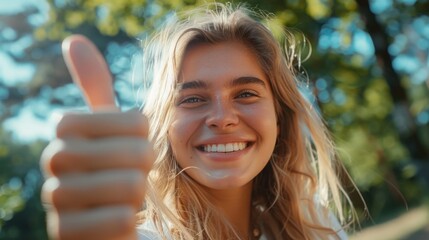 A woman with blonde hair is smiling and giving a thumbs up. She is wearing a white shirt and is standing in a park