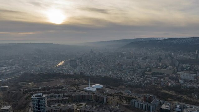 Morning cityscape of Tbilisi city. Aerial hyperlapse