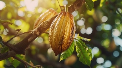 A large brown fruit hanging from a tree. The fruit is surrounded by green leaves. The fruit is ripe and ready to be picked - obrazy, fototapety, plakaty