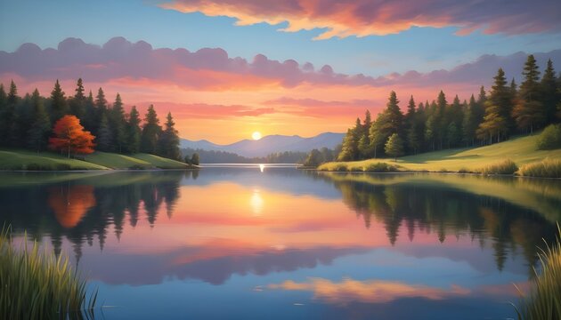Serene Tranquil Lake At Sunset With Vibrant Hues Upscaled 3