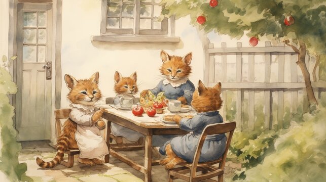 A painting of four cats sitting at a table with apples and cups. The cats are dressed in dresses and the table is set for a meal. The mood of the painting is lighthearted and playful