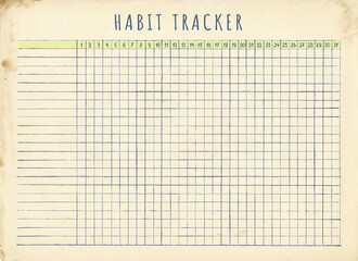 Habit tracker design, monthly planner blank. Letter format. Vintage hand drawn template on retro paper with stains. Checkered sheet of paper from a notebook.