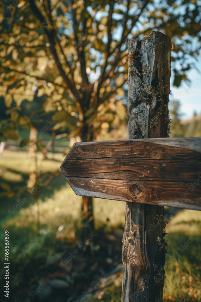 Poster a wooden signpost with a wooden cross on top of it. the signpost is in a field with a tree in the ba