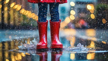 Feet in red rubber boots rain puddle on city street background, fun in the rain, lifestyle.

