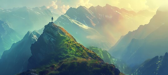 Adult adventurous woman standing on top of a snow peak. Winter Wonderland. 3d rendering, mountain adventure artwork. Aerial landscape from British Columbia, Canada. Sunset Sky - Generative AI - obrazy, fototapety, plakaty