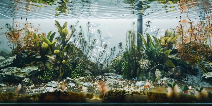 A beautiful aquarium with a variety of plants and fish. The aquarium is a peaceful and calming environment
