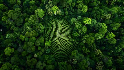 Aerial top down view of a green forest with human fingerprint pattern trees in the middle, deforestation and human impact on nature biodiversity greenery concept illustration - Generative AI