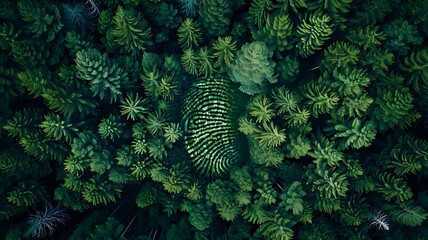 Aerial top down view of a green forest with human fingerprint pattern trees in the middle, deforestation and human impact on nature biodiversity greenery concept illustration - Generative AI