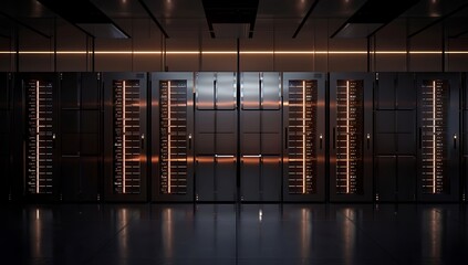 Data center dark with glowing servers. Data server room. cyberspace, networking, data protection & privacy concepts. 3d rendering. illustration. - obrazy, fototapety, plakaty