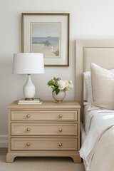 A modern light wood nightstand with three drawers, a soft cream linen bed frame and headboard, a white lamp on the bedside table, a beige wall in the bedroom, and framed painting above the nightstand.