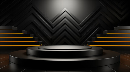 Black product background stand or podium pedestal on advertising with black background

