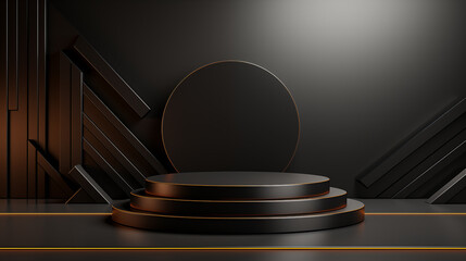 Black product background stand or podium pedestal on advertising with black background

