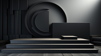 Black product background stand or podium pedestal on advertising with black background

