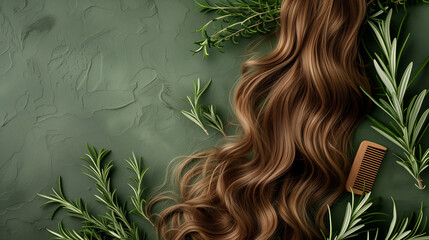 A strand of long hair, a wooden comb, rosemary on an olive background with copy space. Hair care concept. - obrazy, fototapety, plakaty
