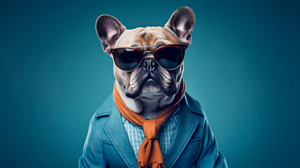 a dog wearing glasses and clothes, dog with glasses on blue background, stylish dog - obrazy, fototapety, plakaty