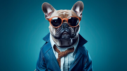 a dog wearing glasses and clothes, dog with glasses on blue background, stylish dog