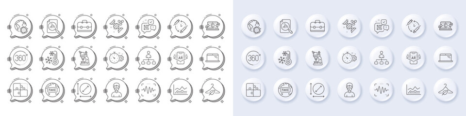 Voice wave, Vaccination schedule and Management line icons. White pin 3d buttons, chat bubbles icons. Pack of Trade infochart, 360 degrees, Chemistry dna icon. Vector