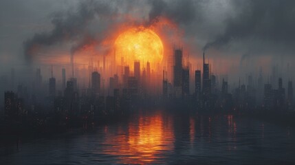 Obraz premium A smog-filled skyline with towering skyscrapers silhouetted against a dramatic orange sun setting over a calm body of water, invoking a sense of an apocalyptic future