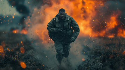 Gallant African American soldier dashes amidst Speyer's turmoil, tracer fire blazing.generative ai - obrazy, fototapety, plakaty