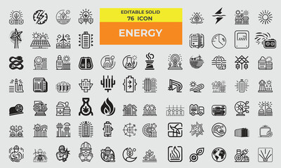 76 Solid Icons for Energy set in fill style. Excellent icons collection. Vector illustration.  - obrazy, fototapety, plakaty