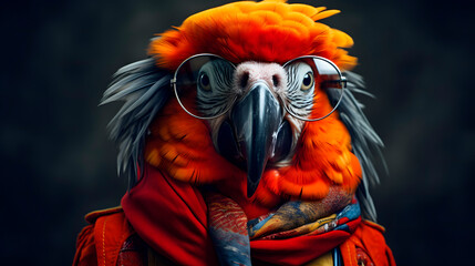 A bird wearing glasses and clothes, a parrot with glasses, a macaw with glasses.