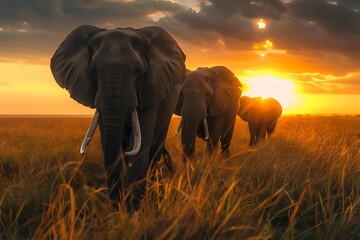 Herd of wild elephants walk through golden grassland at sunset.  - obrazy, fototapety, plakaty