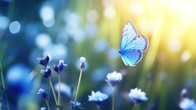 Blue flowers in field with beautiful flying butterflies. Summer and spring meadow concept with soft natural light.