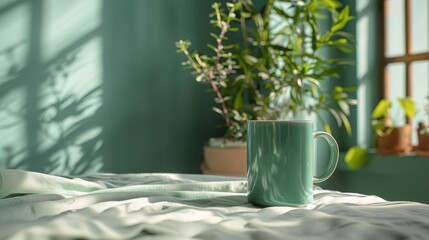 Green Mug on Bed Next to Potted Plant