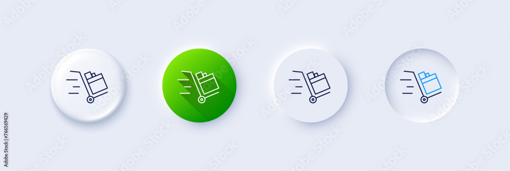 Poster push cart line icon. neumorphic, green gradient, 3d pin buttons. delivery service sign. express ship